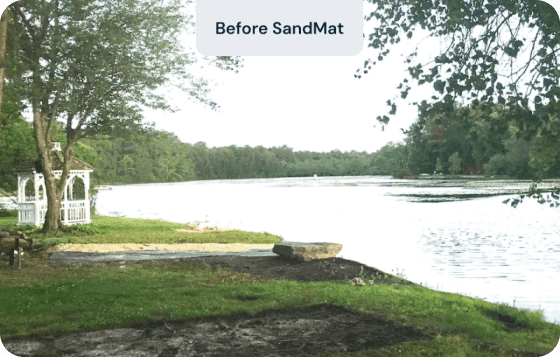Before and after pictures on lake shore after using SandMat